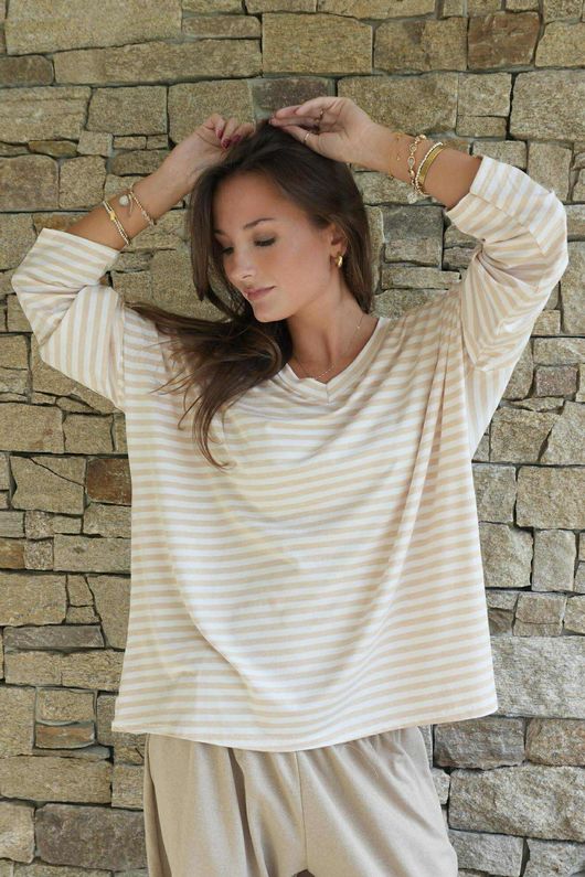 Perfect Breton V Long Sleeve Top Camel - 